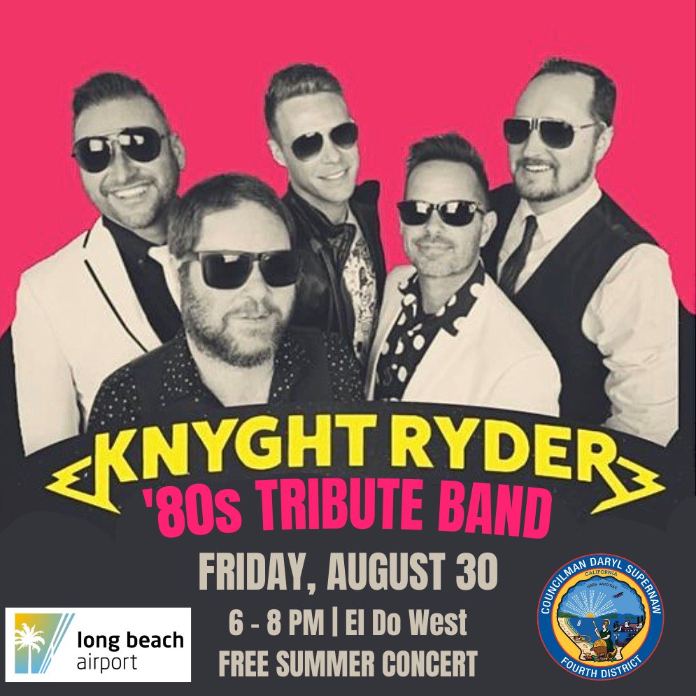 Long Beach Special Events and Filming (@lbspecialevents) on Twitter photo Close out the summer with local favorite, Knyght Ryder!
@knyghtryderrules will be playing a FREE concert in the park at El Dorado Park West, at 2800 N Studebaker, Friday August 30th from 6-8PM!
Brought to you in part by CD4 Councilmember <a href="/DSupernaw/">Daryl Supernaw</a> & @lgbairport. Close out the summer with local favorite, Knyght Ryder!
@knyghtryderrules will be playing a FREE concert in the park at El Dorado Park West, at 2800 N Studebaker, Friday August 30th from 6-8PM!
Brought to you in part by CD4 Councilmember <a href="/DSupernaw/">Daryl Supernaw</a> & @lgbairport.
