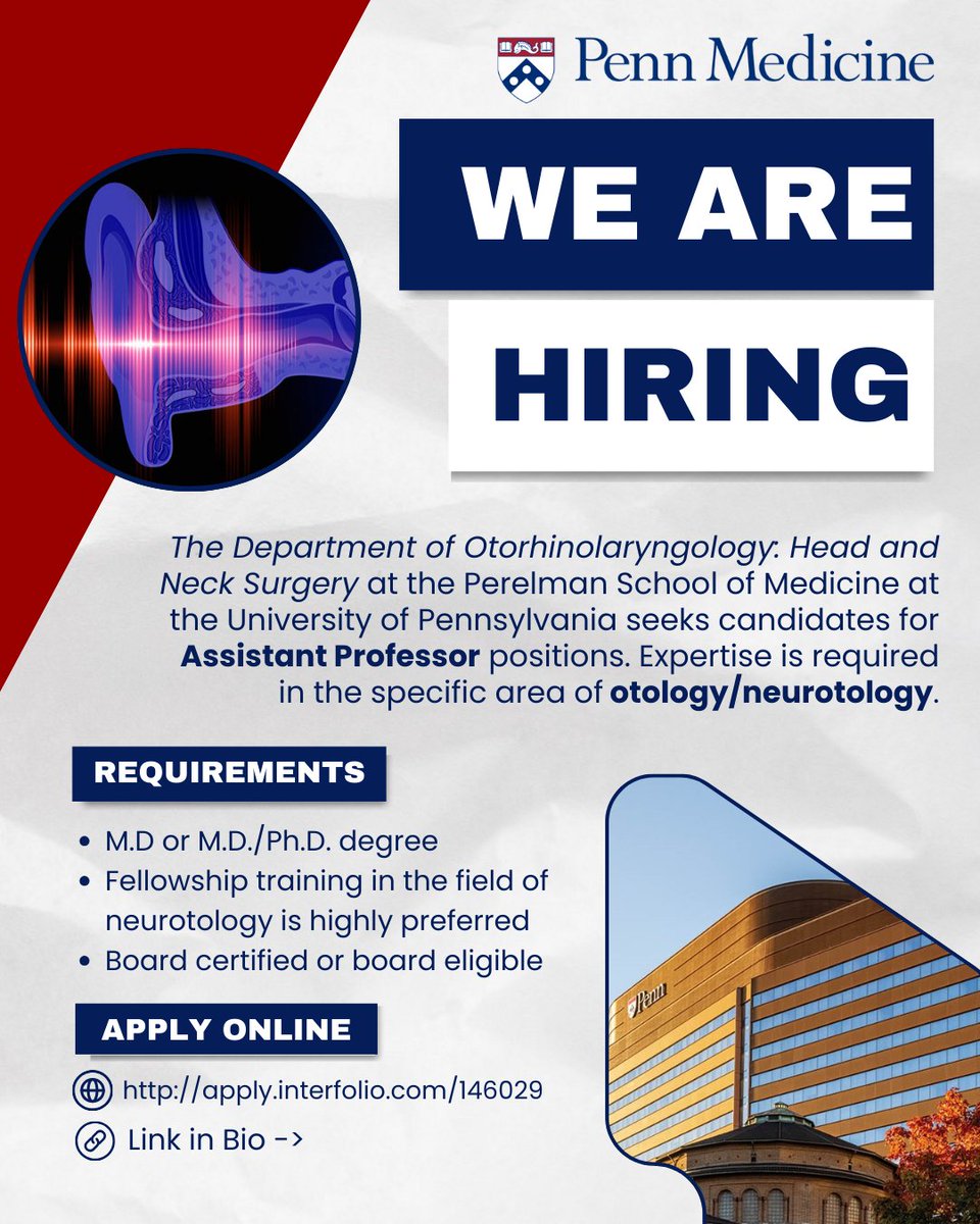 Penn_ENT's tweet photo. Join Penn Medicine's Department of Otorhinolaryngology - Head and Neck Surgery! 📌 We’re seeking talented individuals specializing in Otology to join our #ENTeam. If you are interested in both teaching & patient care, apply now via our #linkinbio 🔗 https://t.co/sdzLwB061g