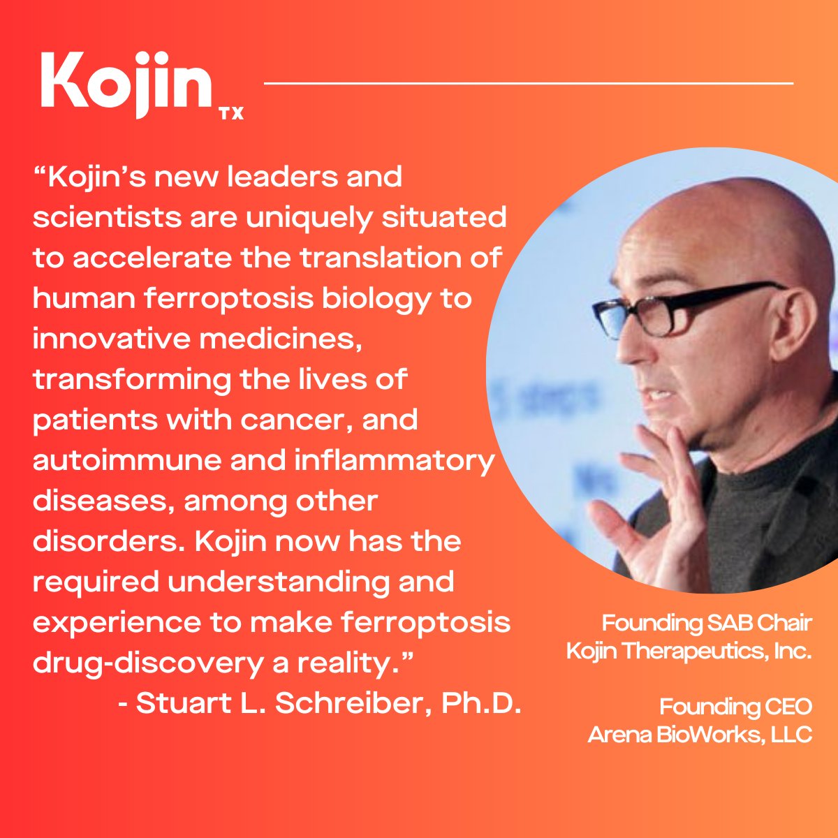 Kojin Tx (@kojintx) on Twitter photo Our founding SAB chair <a href="/SchreiberStuart/">Stuart Schreiber</a> has a special view of our #drugdiscovery, having led the initial work on #cancer #ferroptosis susceptibility at <a href="/Broad_ChemBio/">Chemical Biology at the Broad Institute</a> and now the founder of <a href="/arenabioworks/">Arena BioWorks</a>. He joins us in welcoming <a href="/DrEricWiner/">Eric Winer, MD</a> & <a href="/DrBenNeel/">Benjamin Neel</a> to our SAB. Our founding SAB chair <a href="/SchreiberStuart/">Stuart Schreiber</a> has a special view of our #drugdiscovery, having led the initial work on #cancer #ferroptosis susceptibility at <a href="/Broad_ChemBio/">Chemical Biology at the Broad Institute</a> and now the founder of <a href="/arenabioworks/">Arena BioWorks</a>. He joins us in welcoming <a href="/DrEricWiner/">Eric Winer, MD</a> & <a href="/DrBenNeel/">Benjamin Neel</a> to our SAB.