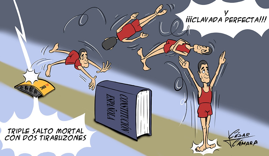 cesarilustra's tweet photo. Viñeta para  https://t.co/VgtCCD7mgg  #cataluña #politica #pedrosanchez #constitucion #salto #constitucionespañola #psoe #presidente  #cupocataluña #financiacionsingular #caricatura #caricature #humor #humorgrafico #graphichumor #Viñeta #Dibujo #drawing #Ilustración #ilustration https://t.co/Kf8s7HYaSW