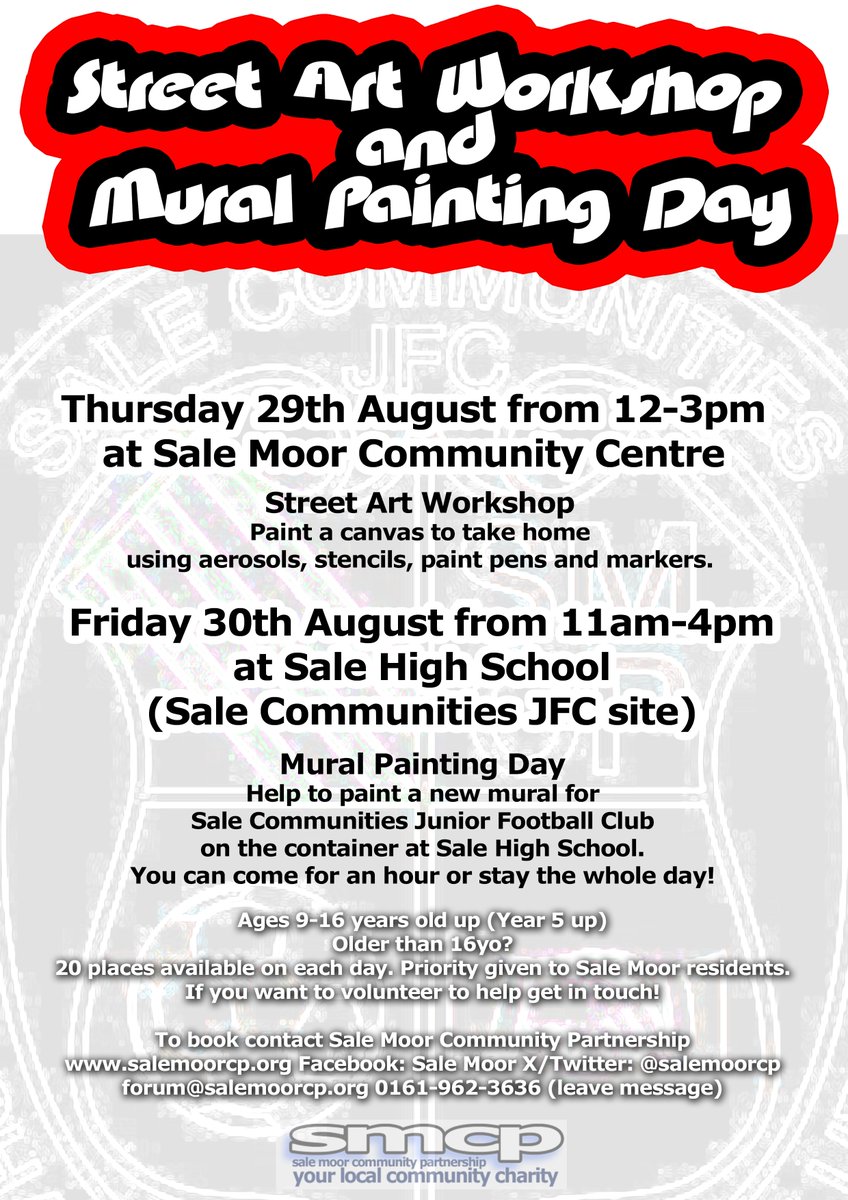 #SaleMoor #StreetArt workshop &amp; #Mural event with <a href="/JmeDzynz/">JmeDzynz</a> <a href="/SaleMoorCP/">Sale Moor CP</a> &amp; <a href="/SCJFC_/">Sale Communities JFC</a>  at the #salemoorcommunitycentre and <a href="/salehighschool/">Sale High School</a> see poster for details and how to book
