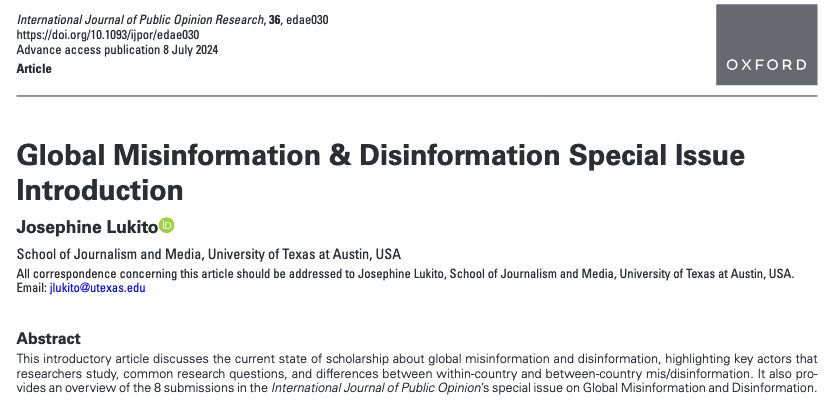 While much misinformation research is focused on the United States, there's scholarship on misinfo being done around globe. A 🧵on articles in a new special issue on Global Mis/Disinformation edited by <a href="/JosephineLukito/">Jo(sephine) Lukito</a> in <a href="/IJPOR_Journal/">International Journal of Public Opinion Research</a> (EIC <a href="/borah/">Porismita borah</a>) doi.org/10.1093/ijpor/…