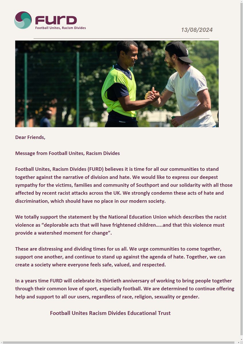 furdday's tweet photo. A statement from Football Unites, Racism Divides about the recent acts of hate and violence. We love our multicultural community!❤️@Abtisam_Mohamed https://t.co/zWpq6gd4l5
