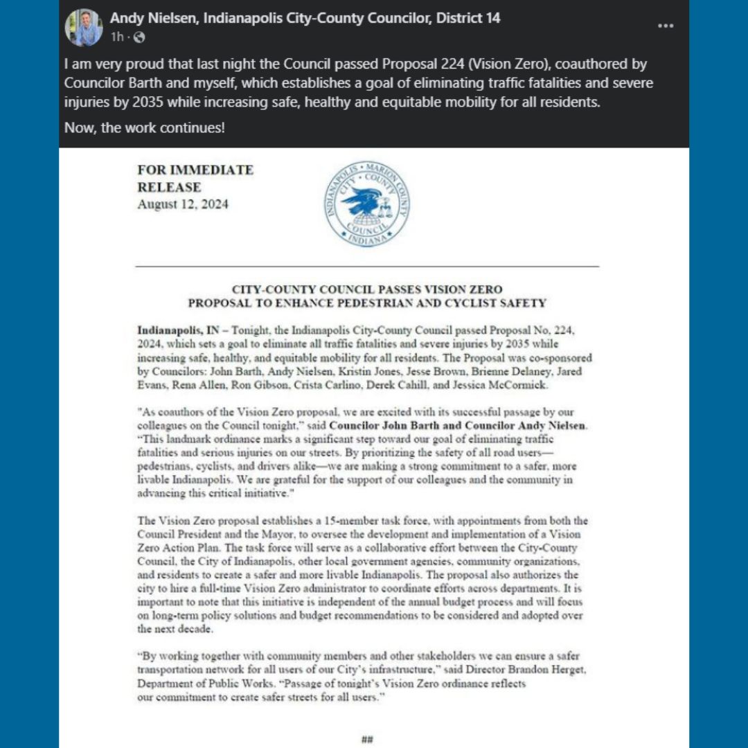Senator Andrea Hunley (@senatorhunley) on Twitter photo Thank you to my friends <a href="/IndyAndyNielsen/">Andy Nielsen</a>, <a href="/votebarth/">John Barth</a>, and to all in our great city who have worked to make #VisionZero a reality. Today is just the start. With courage & determination, we can end the pedestrian safety crisis & pave the way toward safe streets for all.
#INSenDems Thank you to my friends <a href="/IndyAndyNielsen/">Andy Nielsen</a>, <a href="/votebarth/">John Barth</a>, and to all in our great city who have worked to make #VisionZero a reality. Today is just the start. With courage & determination, we can end the pedestrian safety crisis & pave the way toward safe streets for all.
#INSenDems