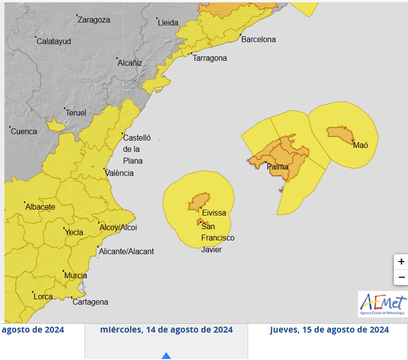 AEMET_Baleares's tweet photo. Dimecres, 14 d'agost, a #IllesBalears, probabilitat de precipitacions ocasionals, i a partir de mitjan dematí, tempestes fortes o molt fortes, amb calabruix i fortes ràfegues de vent.

Temp. mín. de 22 a 26 ºC i màx. de 29 a 33 ºC.

Atenció als avisos: https://t.co/D59WkO0Cb8 https://t.co/tuEQFbn1sJ