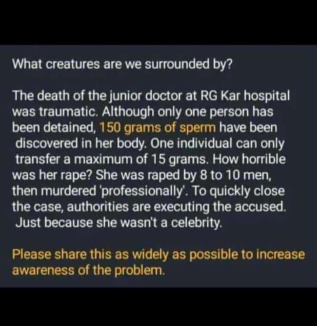 Saurabh_Kb's tweet photo. A doctor on duty was brutally raped and then murdered..
We demand justice now.
#Nirbhaya2 #BengalHorror
#KolkataDoctorDeath #BengalHorror #RGKarHospital #medtwitter 
Repost 🔁 
Share it with all and spread it far and wide for justice.↗️ https://t.co/wn4ADnMaKQ