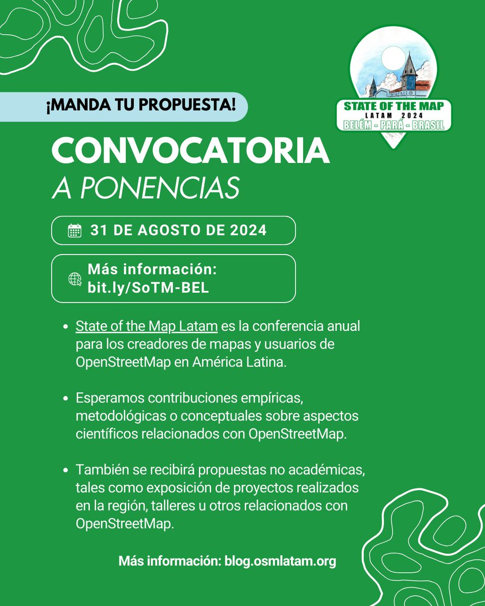 OSMLatam's tweet image. Quieres exponer tu proyecto o investigación basada en #OpenStreetMap en el #SOTMLATAM2024? o proponer una charla o taller?  Quieres compartir tu experiencia de mapeo como organización o colectivo? 

Postúlate!

Convocatoria a ponencias SOTM LATAM 2024 blog.osmlatam.org/2024/08/02/con…