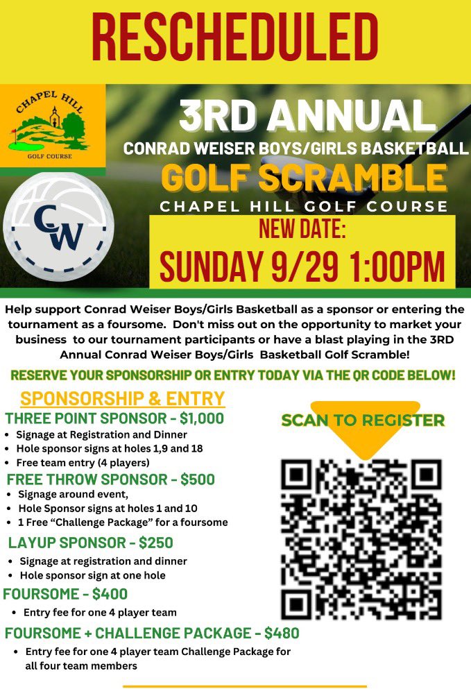 WeiserBoysHoops's tweet image. *Rescheduled*
Join us in Sponsorship and Registration for the 3rd Annual Conrad Weiser Boys &amp;amp; Girls High School Basketball Golf Scramble. 

Please click on this link to become a sponsor or to enter a team: zeffy.com/en-US/ticketin…
#GoScouts