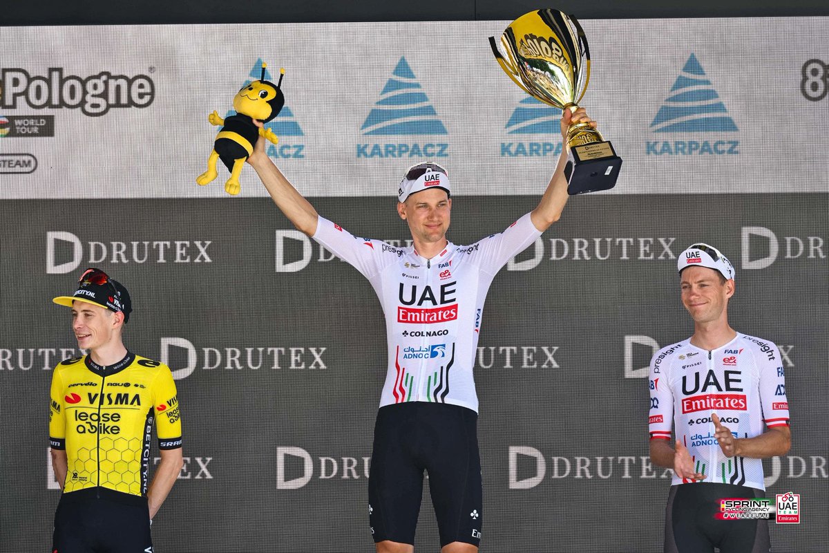 TeamEmiratesUAE's tweet photo. Time Trial Domination in Poland 🔥🇵🇱:

🥇 @Tim_Wellens powers to TT victory @Tour_de_Pologne .
🥉 @gro_felix third on stage.
💪 @DiegoUlissi moves up to third on GC.

#UAETeamEmirates #WeAreUAE #TdP24 https://t.co/KD4Wo6oqaM