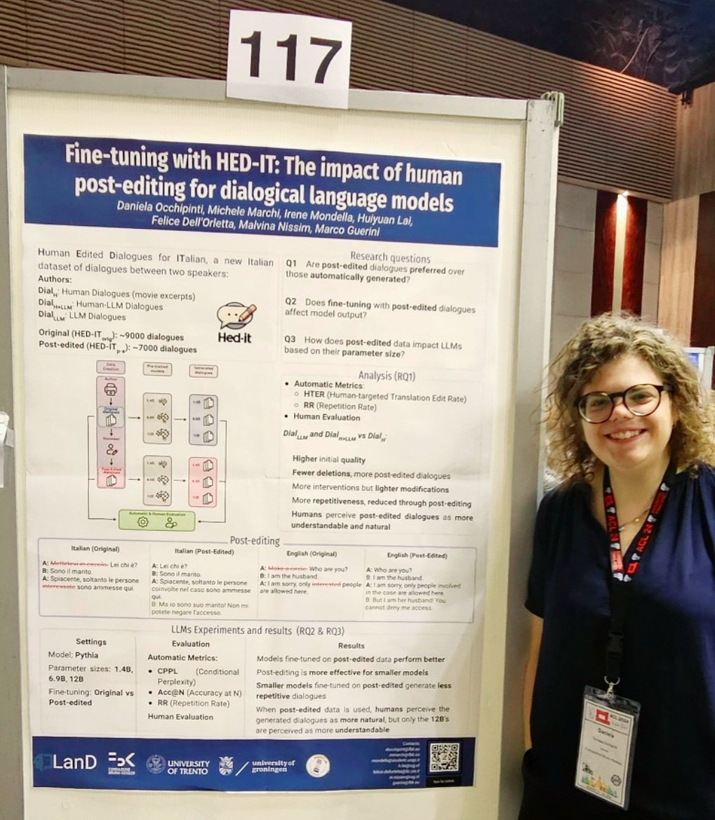 I am happy to have presented our work on the impact of human post-editing of synthetic data on dialogical language models at #ACL2024NLP! Enjoyed discussing our findings with many interested people! 

Want to learn more? Check out our paper!

 👉 aclanthology.org/2024.findings-…