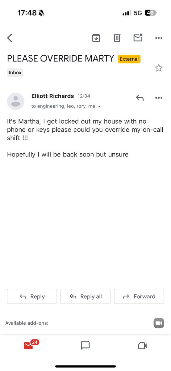 Lawrence Jones (@lawrjones) on Twitter photo Real curveball from Martha today.
It’s a use case we never considered for the <a href="/incident_io/">incident.io</a> cover me flow but one we may now have to 🤔 Real curveball from Martha today.
It’s a use case we never considered for the <a href="/incident_io/">incident.io</a> cover me flow but one we may now have to 🤔