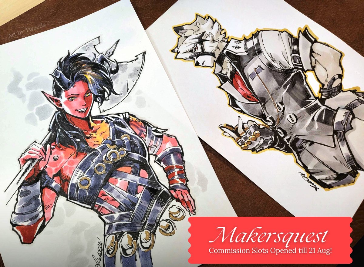Hello folks! I'm opening limited traditional commission slots for <a href="/MakersQuestSG/">Makers Quest SG</a> attendees alongside my friend <a href="/cendawankulat/">⭐Nad | Hermit in denial⭐️</a> ! We will draw your faves/ WOL'S/ OC's 🫡✨

REQUEST FORM CLOSES ON 21st AUG 12pm (SGT) and comm requests will be curated 🙌🔗forms.gle/KDzQRGpD52R2YT…