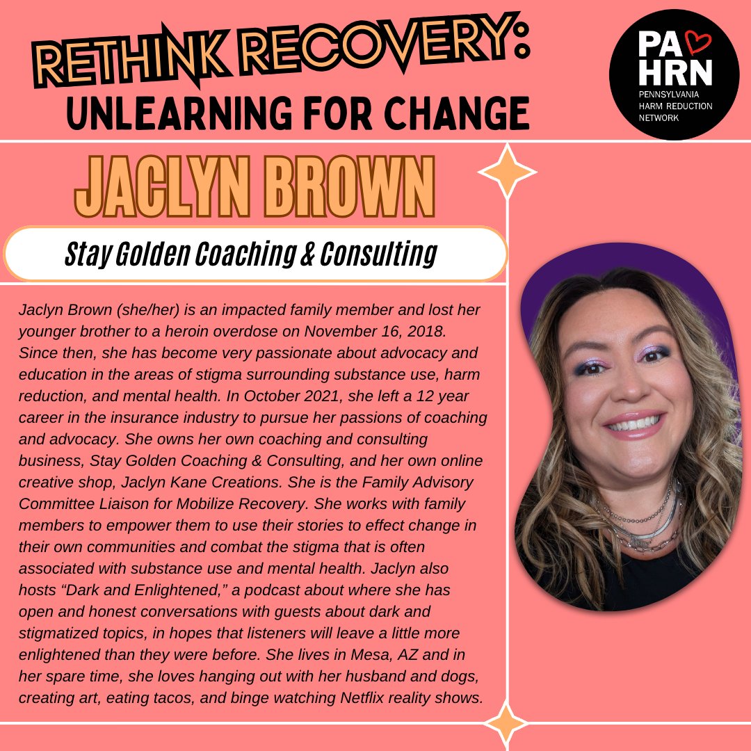 PAHarmReduction's tweet photo. ✨✨Panelist Highlight✨✨
Meet the amazing Jaclyn Brown and we hope to see you on Sept. 5th at 7:00 pm (EST). Click the link below to register ⬇️⬇️
#RethinkRecovery #ThinkAgain #ForeverStudent #AskChallengeSeek #PAHRN
https://t.co/9zi4OKxcPX https://t.co/JVH9OajMIH