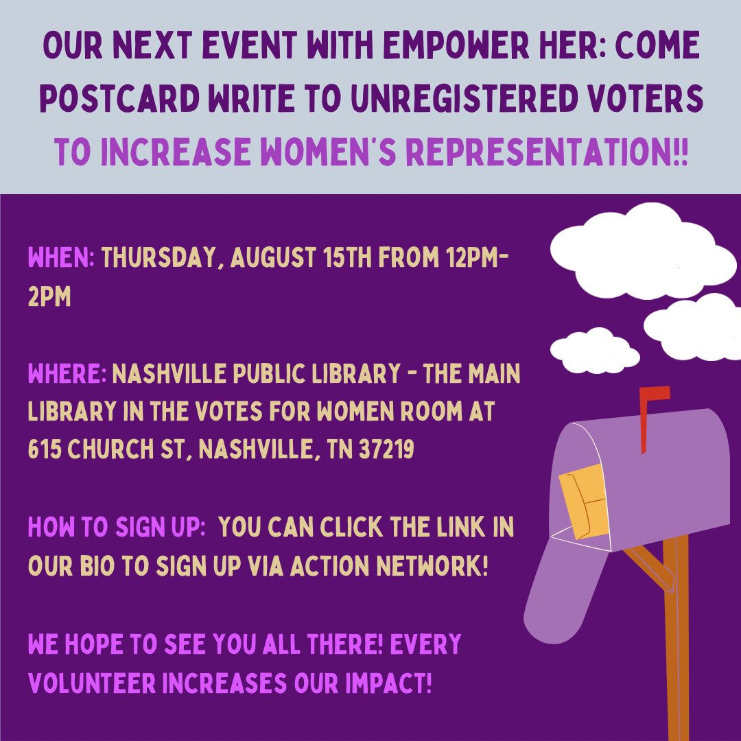 NWPCTN's tweet photo. Join our Voter Registration Postcard Party and help us reach unregistered voters! 🗳️

📅 When: This Thursday, August 15th from 12-2pm CT
📍 Where: Votes for Women Room, Nashville Public Library's Main Library

Ready to help? Sign up now: https://t.co/VvLasf5F7P…

#TogetherWeRise https://t.co/ulrCg6FFHw