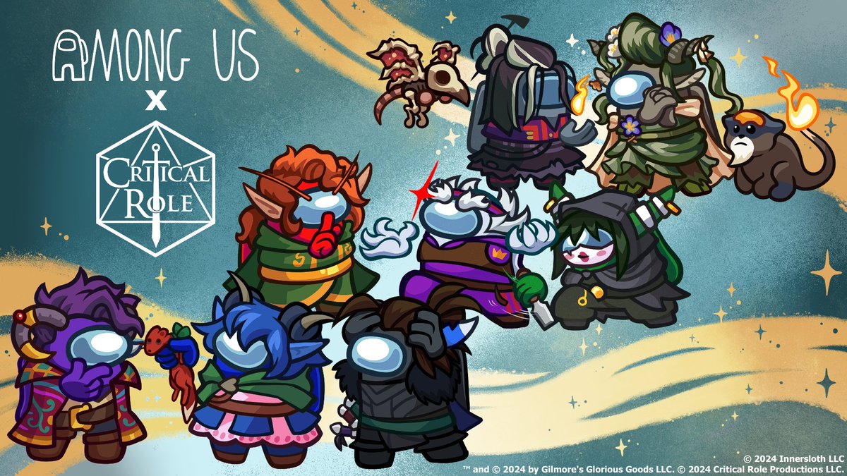 it's ur turn to roll, Crewmates! our collab with <a href="/CriticalRole/">Critical Role</a> is live with update v2024.8.13 🎲​

get Gilmore's Curious Cosmicube to don some adventurous threads and roll a crit with a brand new Chetney themed kill animation

innersloth.com/announcing-amo…