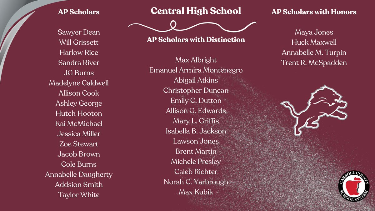 Central_Lions's tweet photo. Central High School is proud to announce the following students as Advanced Placement Scholars. Congratulations!!
#lionstrong #24strong #thecitymenus https://t.co/uSy5pilGhu