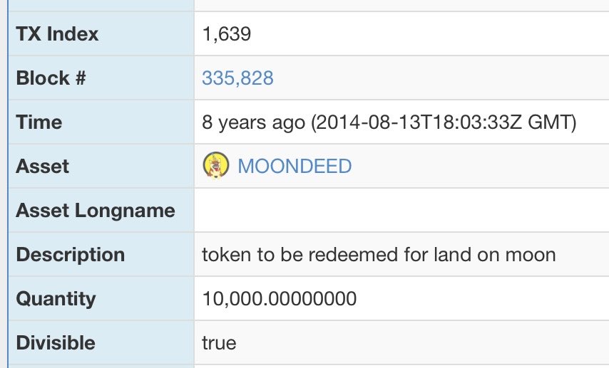 littleshibeOG's tweet photo. Todays #Dogeparty anniversary giveaway is one of my favorites 

#MOONDEED made 8-13-2014

And was for a land on the moon to be developed visually through selling the tokens. 

Like repost and reply with your dogeparty address! #counterparty #bitcoin #dogecoin #nft https://t.co/d7af62joFL