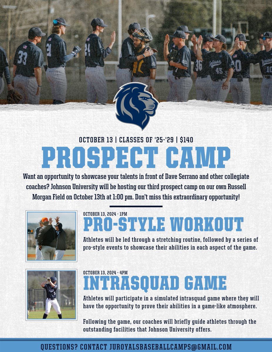 Are you interested in playing at the next level? Come show us what you got at our next Prospect Camp!

To sign up, please visit:
johnsonroyals.com/camps/camps-co…

#RaiseTheRoar | #BuildingTheU