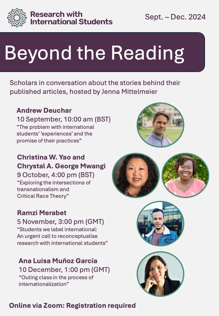 Excited to host a new webinar series for Research with International Students!

BEYOND THE READING
A series of recent publications related to international students and a conversation with the authors who wrote them

On Zoom, registration required (see ⬇️)
researchintlstudents.com/events/