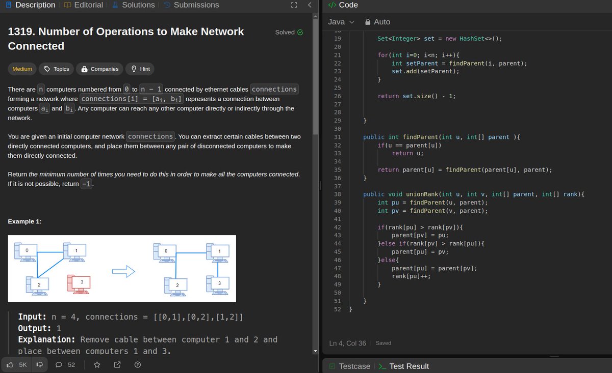 shi_codes's tweet image. ✅LeetCode-1319. Number of Operations to Make Network Connected
Topic:  Kruskal Algorithm.(Union Find by Rank)

Beauty lies in the complexity of Kruskal Algorithm.  Wonderful explanation by #RohitNegi .#CoderArmy #DSAlgo #DSA #100daysofcodechallenge #leetcode #javascript #graphs