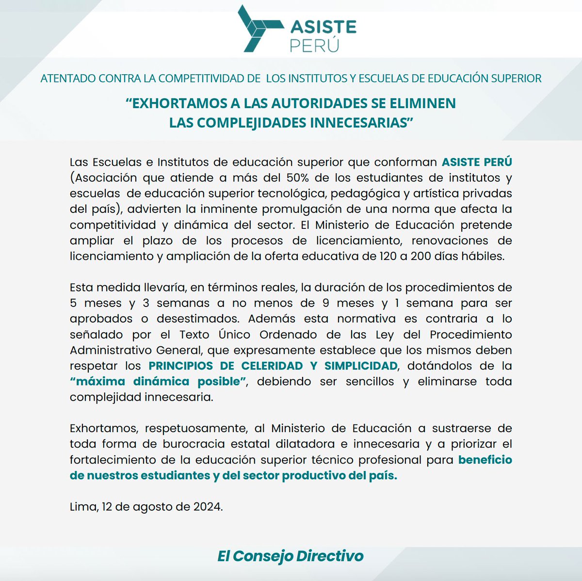 Desde ISIL Aprende Haciendo, parte de ASISTE PERÚ, hacemos un llamado a evitar la burocracia innecesaria en los plazos de licenciamiento y renovación. Es crucial priorizar la educación superior técnico-profesional por el bienestar de nuestros estudiantes y el desarrollo del país.
