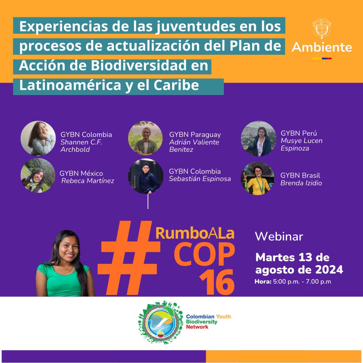 MinAmbienteCo's tweet photo. Agéndate hoy a las 5:00 p.m. en el #FBLive sobre las experiencias juveniles en la actualización del Plan de Acción de Biodiversidad en Latinoamérica y el Caribe. 🔁 Comparte para que más jóvenes se sumen #RumboALaCOP16.  🇨🇴

🔴 FBLive: https://t.co/fIIPnL7aZE https://t.co/R7LSIoG6eY