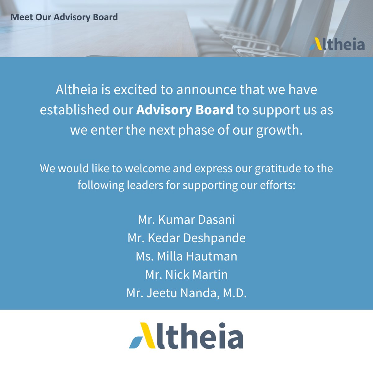 AltheiaInc's tweet photo. Altheia welcomes Kumar Dasani, Kedar Deshpande, Milla Hautman, Nick Martin, and Jyotirmaya "Jeetu" N., MD to our Advisory Board.

#Altheia #AdvisoryBoard #Healthcare #SaaS #AI #MachineLearning #Automation #PredictiveAnalytics https://t.co/qqHxmSvO33