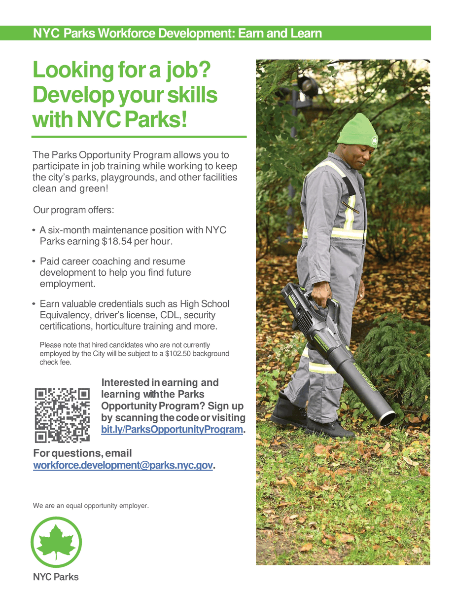 Looking for a job with <a href="/NYCParks/">NYC Parks</a>? Try the Parks Opportunity Program! 🌱 

The 6-month, paid program provides the opportunity to earn valuable credentials such as high school equivalency, security certifications, horticulture training, and more.

Sign up: bit.ly/ParksOpportuni…