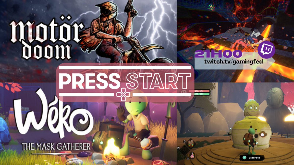 GamingFed's tweet photo. Hello! Ce soir #PressStart présente 2 #SwissGames des vacances (tournent bien sur Steamdeck). #Motordoom roguelite/Tony Hawk/moto/tronçonneuses/démons. Et #WekoTheMaskGatherer, inspiré par Zelda/Spyro avec des éléments de Souls-like (pas dur). 21h sur https://t.co/dZ9XSc2VO1 ! https://t.co/XrHOboJQr1