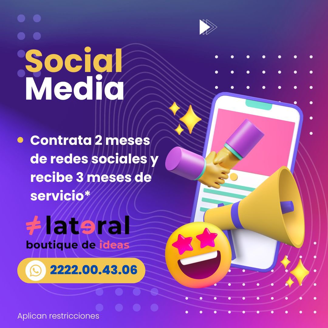IdeasLateral's tweet photo. Contrata 2 meses de redes sociales  y recibe 3 meses de servicio*
￼
Administramos tus redes sociales de manera profesional, para que mejores tu engagement  y generes NUEVOS CLIENTES 
￼
Si requieres mayor información contáctanos vía whats app: 2222.00.43.06 
￼
#agenciacreativa https://t.co/kCogCuIlqb