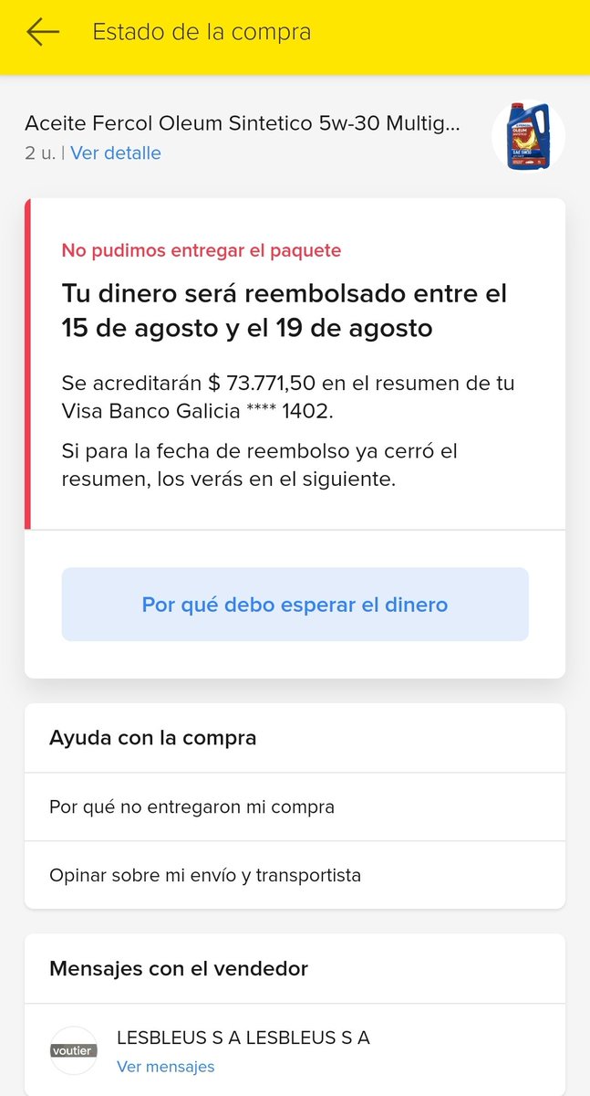 VerindAybar's tweet photo. @ML_Argentina Lamentablemente hay cosas que no cambian, no dejan posibilidades de reclamo alguno. Realice esta compra y la anularon con el argumento que no pudieron entregar el paquete y el mismo nunca salió del comercio. https://t.co/G2eMAFfnZ7