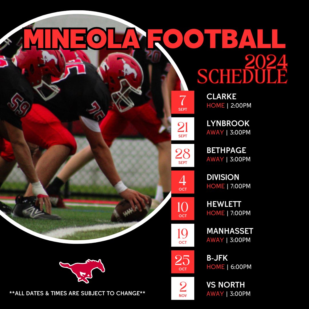 Mineola High School Football Season starts in just 6 days! Make sure your athlete is registered on FamilyID and eligible to play. Here is the upcoming Varsity schedule for the 2024 season. Go Mustangs! <a href="/mineolahs/">Mineola High School</a> <a href="/MineolaUFSD/">Mineola UFSD</a> <a href="/MineolaFootball/">Mineola Mustangs Football</a> <a href="/CoachWienclaw/">Tim Wienclaw</a>