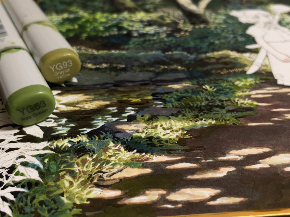 緑の使い分け。日向は影に茶色使ったりもする。