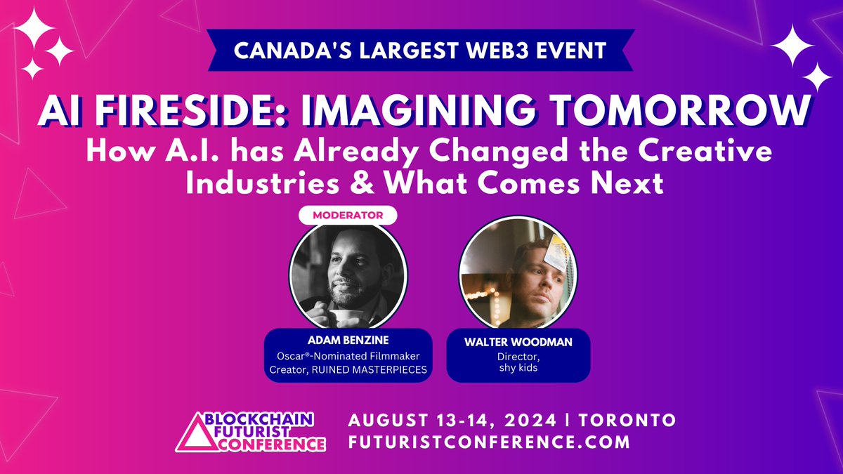 The #Blockchain <a href="/Futurist_conf/">Blockchain Futurist Conference</a> kicks off 2day! I'll be moderating a fireside chat tomorrow on the future of #GenerativeAI in film, covering <a href="/OpenAI/">OpenAI</a>'s #Sora, #Runway, #Flux &amp; more. (If you work in film, you need to know this stuff!) 

#AI #Futurist24 #ETHToronto #CanadaCryptoWeek