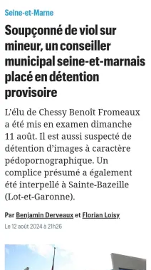 TeamFSociety1's tweet photo. Benoît FROMEAUX, 47 ans.
➖Adjoint à la culture à Chessy ( 77) où se trouve le parc Disney.
➖Employé à ✈️de Roissy.
Mis en examen : 11 août 2024 pour :
➖viol sur mineur de moins de 15 ans
➖détention d'images pédos pornographiques
Dans une colonie de vacances. https://t.co/R9xErU9X3W