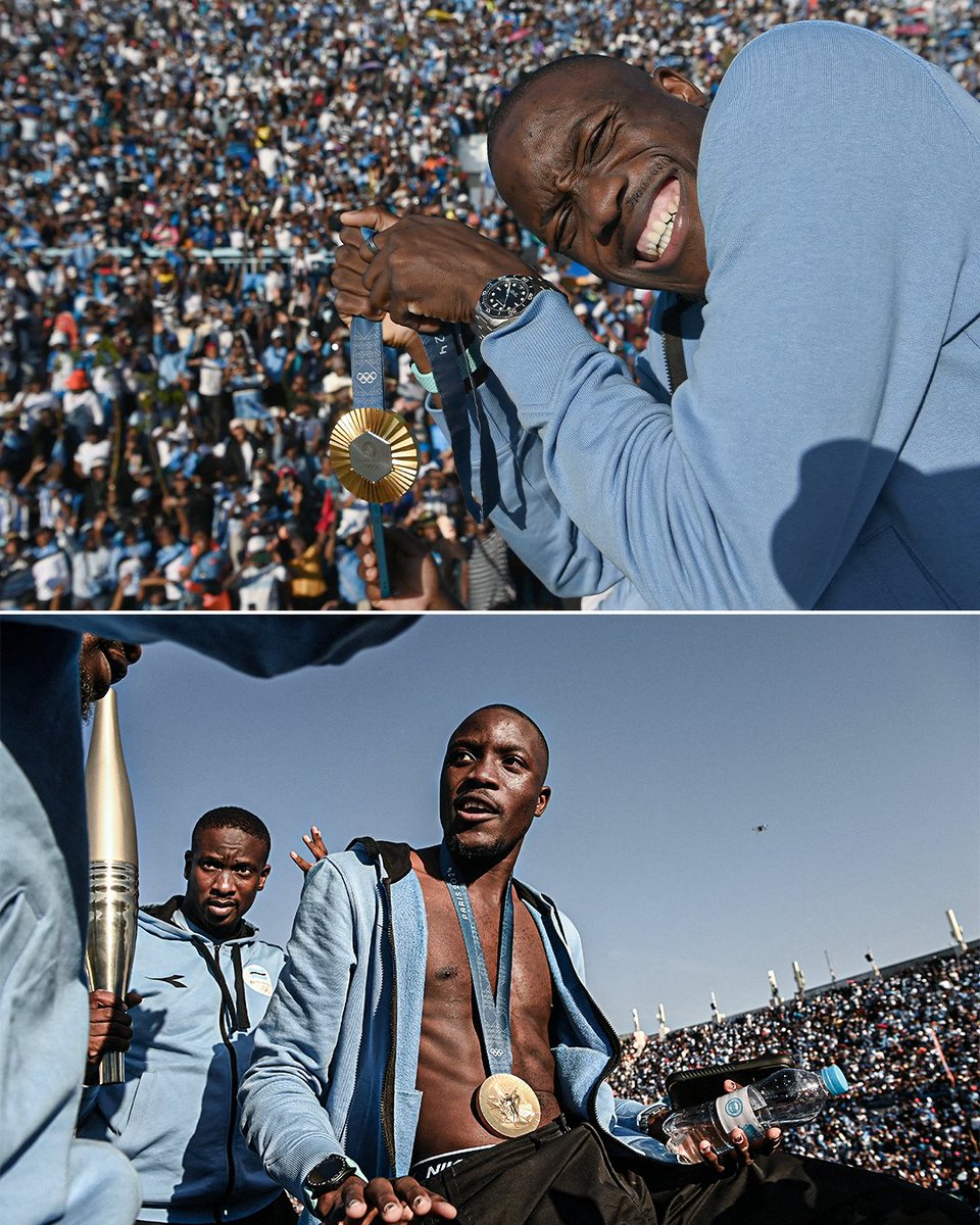 More than 30,000 people filled Botswana's national stadium to welcome home the 4x100m relay team and Letsile Tebogo, who won the country’s first Olympic gold medal 🤯