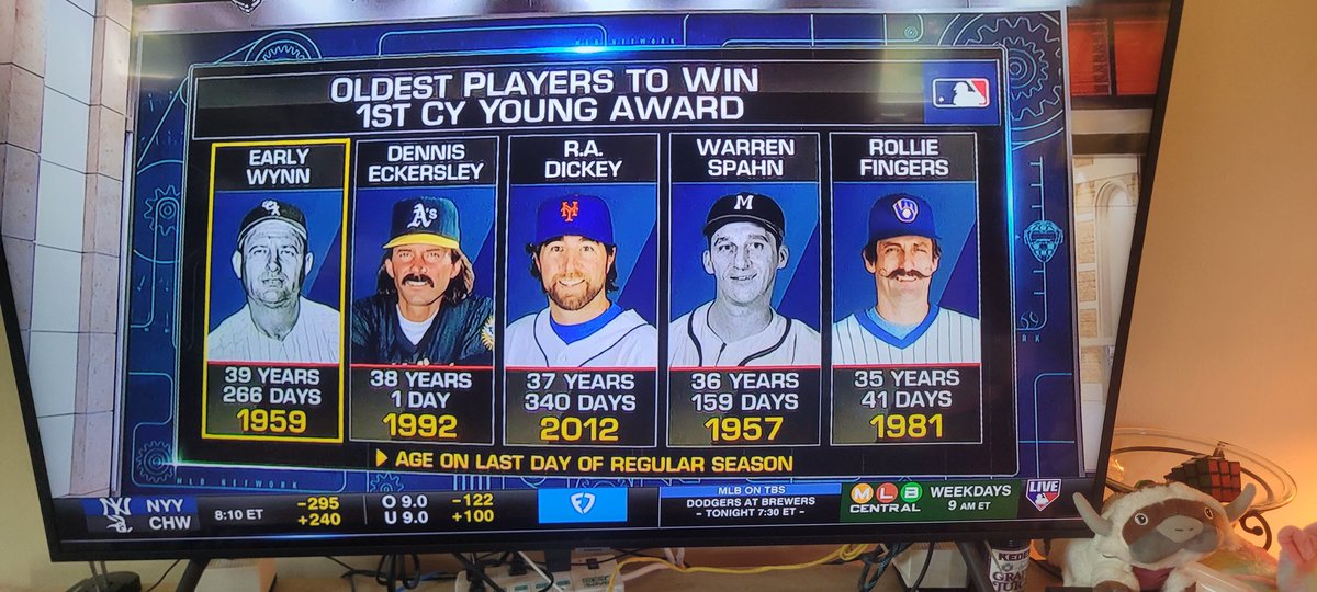 MLBAbrahams's tweet photo. @qikipedia  @nosuchthing 

The oldest player to have won a Cy Young award as the best pitcher in baseball was 39 years and 266 days old, and his name was...Early Wynn. 

This bonus names on the board https://t.co/3Spx9LpxBr