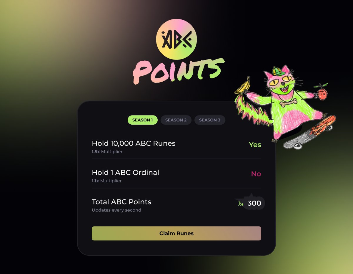 ✨Hello Points Enjoyooors!✨

Starting on August 19th, all <a href="/ABCOrdinals/">ABC</a> holders will begin to accrue points at ABCRunes.com

What's the point of Points? They will allow claims for our rune that is dropping Soon™️

How to get Points?

Use the website, and hold at least