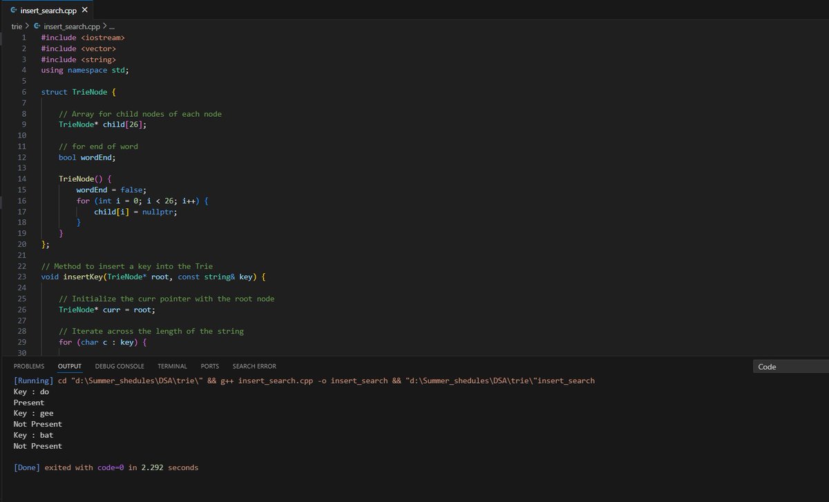 VV_Algos's tweet photo. Day 28 of my 30-day DSA challenge! 
Today, I explored the Trie data structure and implemented insert and search operations using C++, all thanks to GeeksforGeeks. It's fascinating to see how Tries efficiently handle prefix-based queries! 💻📚 #DSAChallenge #Trie #CodingJourney https://t.co/Y4roftD1l5