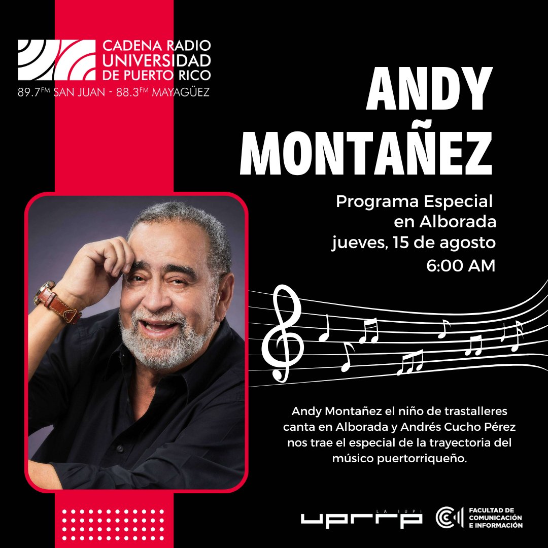 radioupr's tweet photo. 🎤 ¡Especial de Andy Montañez en Alborada! Este jueves a las 6 AM, Andrés "Cucho" Pérez recorre los 60 años de música del niño de Trastalleres. Sintoniza Radio Universidad de Puerto Rico por WRTU 89.7 FM, San Juan y 88.3 FM, Mayagüez. 📻 #AndyMontañez #RadioUniversidad https://t.co/YHUDneGJb9