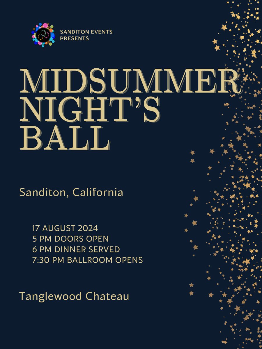 You are cordially invited to join us for Sanditon's annual Midsummer Night's Ball, taking place at Tanglewood Chateau this Saturday, August 17, with doors opening at 5pm.

Get those dancing shoes on and your tastebuds hopping! #SandiBall