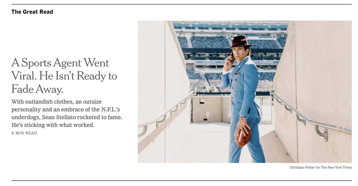 I profiled Sean Stellato, the NFL agent who went viral last December, for <a href="/nytimes/">The New York Times</a>. Here's a gift link for non-subscribers: nytimes.com/2024/08/13/sty…
