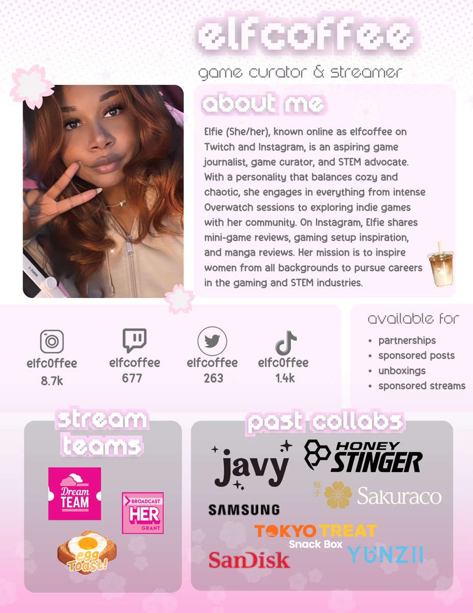 elfcoffee's tweet photo. I got around to making my first ever media kit!
Excited to see where things go! 🧋🌸💌 https://t.co/4iF7izj1SW