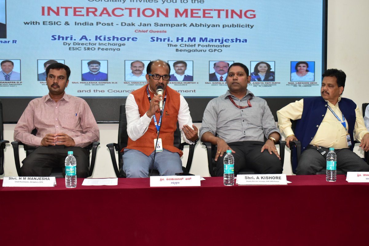 HqPostal's tweet image. Today, Peenya Industries Association(PIA) has organised Intercation meeting (#DCDP) in association with ESIC &amp;amp; India post. Shri A Kishore, Dy Director Incharge ESIC SRO Peenya and Shri H M Manjesh, The Chief Postmaster Bengaluru GPO grace the event. 
#DakChaupal
#DakSewaJanSewa