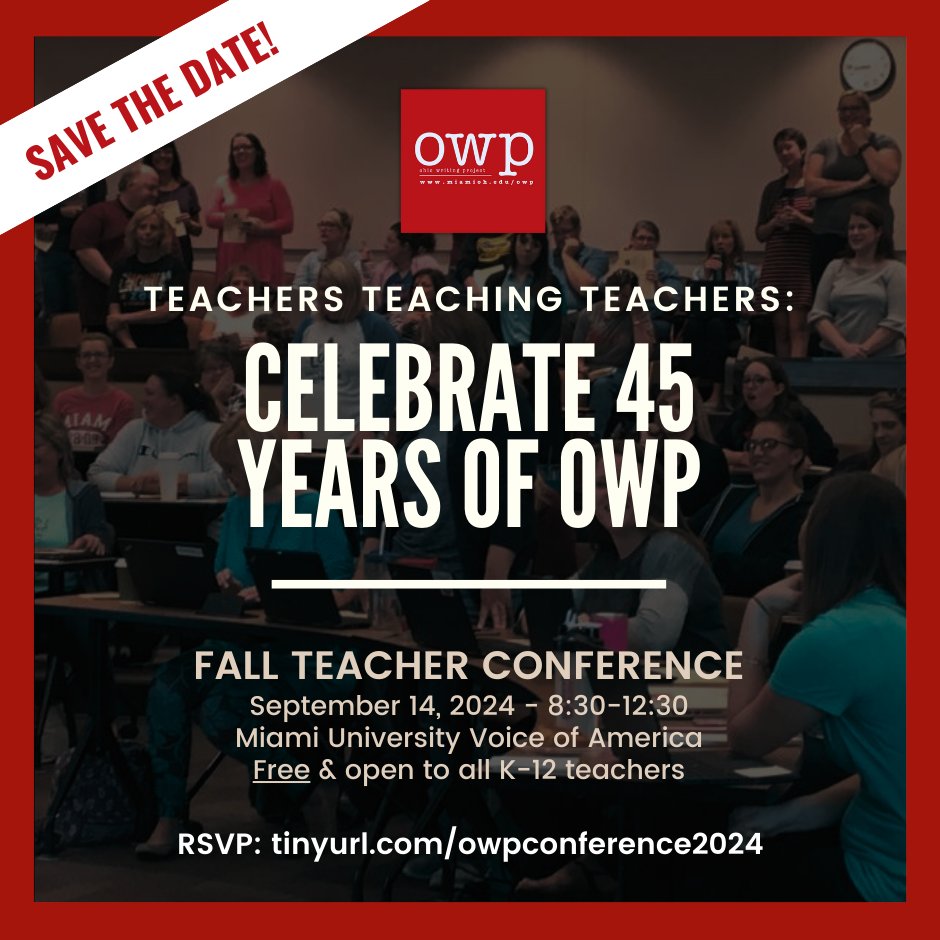 Save the Date!

Mark your calendar for OWP's Fall Teacher Conference. It's FREE to all teachers, filled with classroom practical ideas and a perfect way to start your year. Please share with colleagues and invite any new teachers in your departments and school!