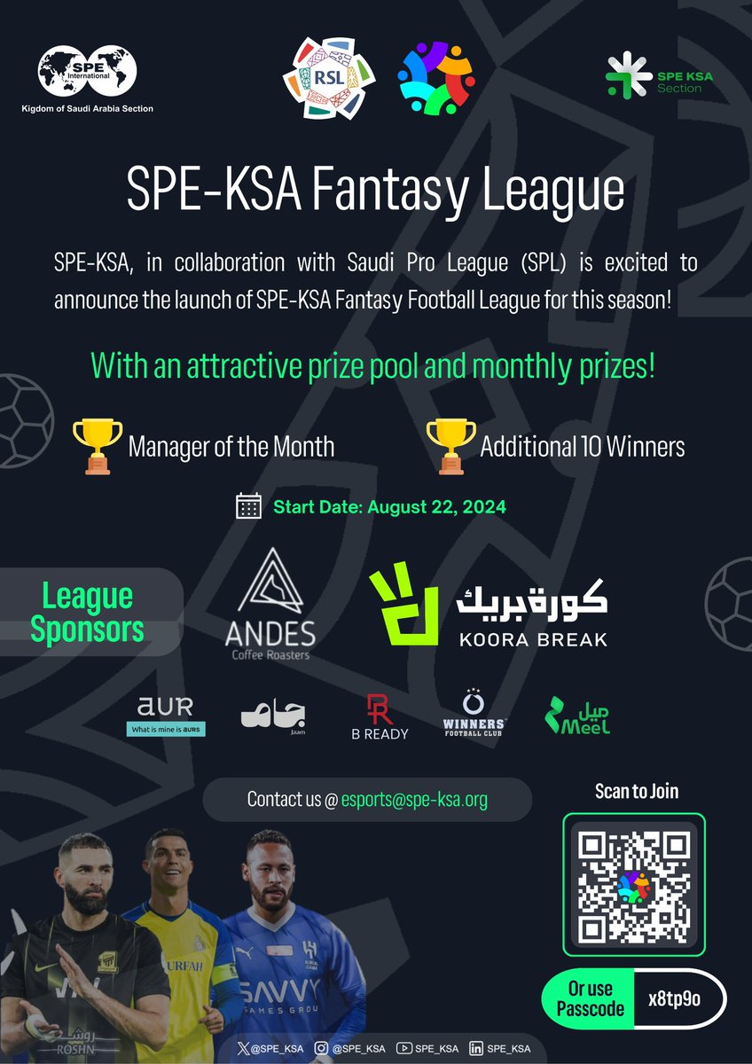 spe_ksa's tweet photo. We are excited to introduce SPE-KSA’s first ever SPL fantasy league!  

Showcase your strategic skills, compete, and win exclusive prizes sign up today to be part of the action!

Register now:
https://t.co/8r5n4zomQX

#SPE_KSA https://t.co/1SyHJBo38o