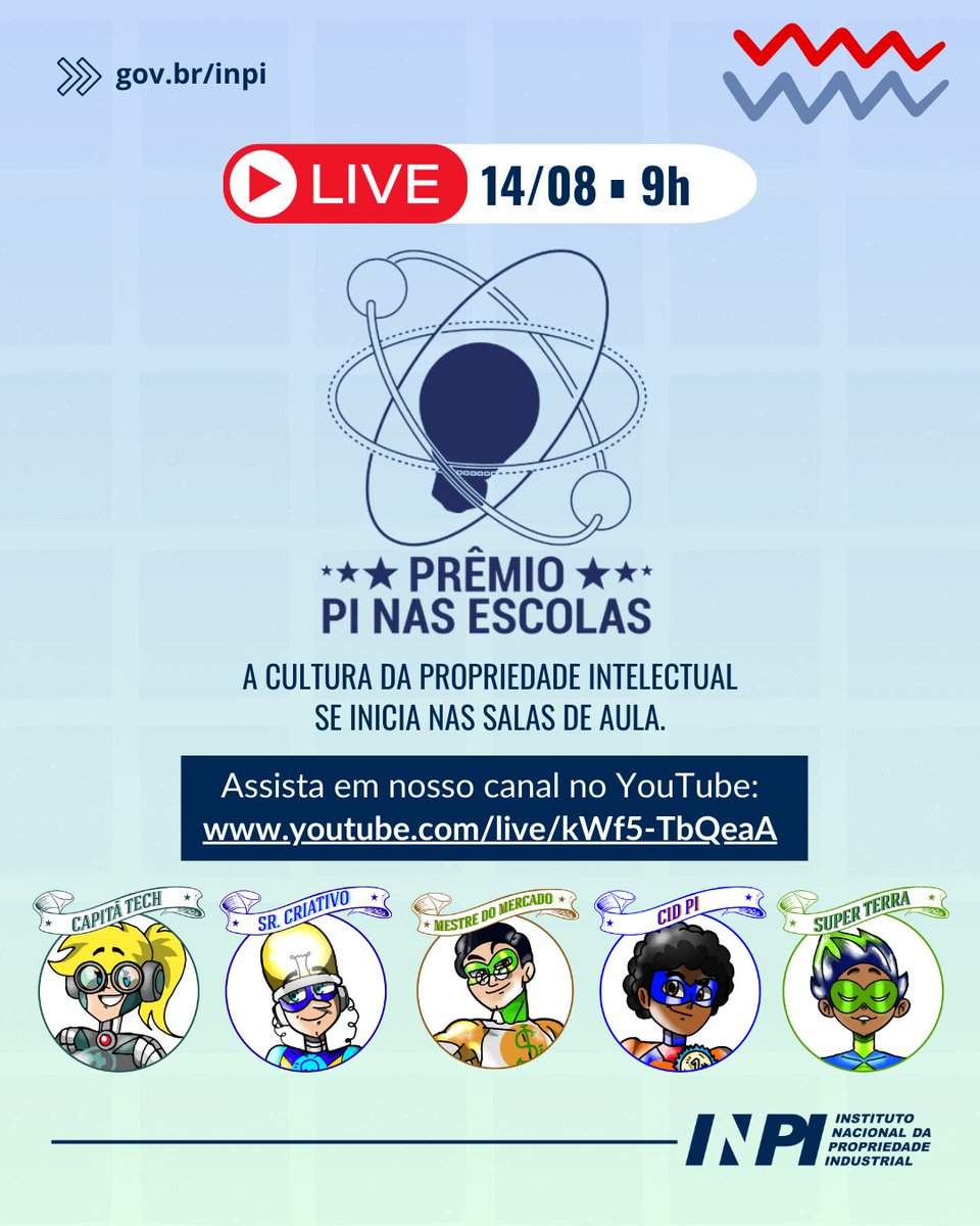 📢 Atenção, educadores e gestores! 

O INPI está lançando a 2ª edição do Prêmio PI nas Escolas e queremos você conosco!

🏆🎓 Junte-se à nossa live de lançamento nesta quarta-feira (14/08), às 9h, em nosso canal no YouTube: youtube.com/live/kWf5-TbQe….

#PremioPInasEscolas