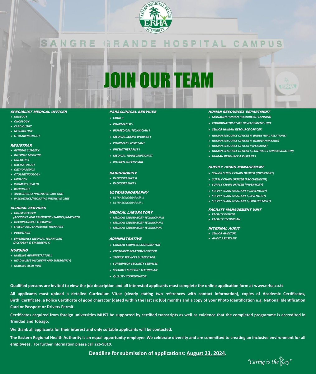 LabourGovTT's tweet photo. #APPLYNOW Applications are invited by suitably qualified persons for the following positions within the Eastern Regional Health Authority
For more information, visit: https://t.co/LCytAy9JaG
#LabourGovTT #DecentWorkTT #IndustrialPeaceTT #OpportunityForAllTT #TrinidadandTobago🇹🇹 https://t.co/ENIp2zS4tY