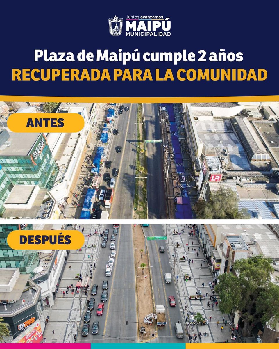 Hace 2 años la Plaza de Maipú estaba tomada por 400 toldos de comercio informal, violencia, balaceras y homicidios. Hoy cumple 2 años como un espacio totalmente recuperado, sin toldos y donde se hacen todo tipo de actividades para la comunidad. La mejor manera de decir, es hacer.