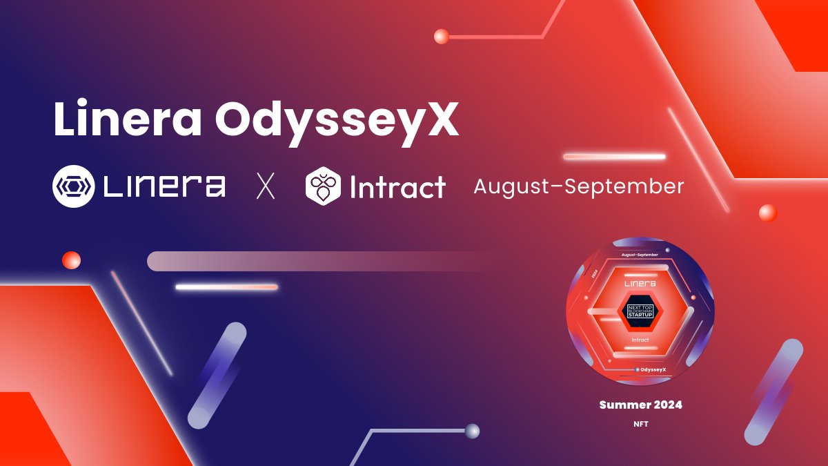 Linera ⛓️ (@linera_io) on Twitter photo ⚔️ Announcing: Linera OdysseyX — We’re partnering with @IntractCampaign to spotlight our involvement in the Next Top Blockchain Startup hackathon by <a href="/gda_capital/">GDA Capital</a> and <a href="/CoinwebOfficial/">Coinweb.io</a>!
Check out the quest and find more details below. 🧵👇
🔗 intract.io/quest/66b0a3ea… ⚔️ Announcing: Linera OdysseyX — We’re partnering with @IntractCampaign to spotlight our involvement in the Next Top Blockchain Startup hackathon by <a href="/gda_capital/">GDA Capital</a> and <a href="/CoinwebOfficial/">Coinweb.io</a>!
Check out the quest and find more details below. 🧵👇
🔗 intract.io/quest/66b0a3ea…